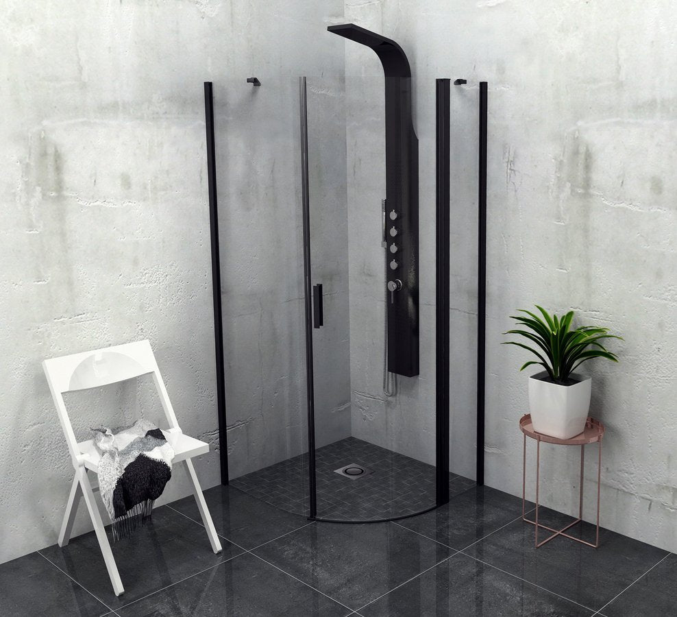 Douchecabine 90x90x200 mat zwart antikalk kwartrond Rechts